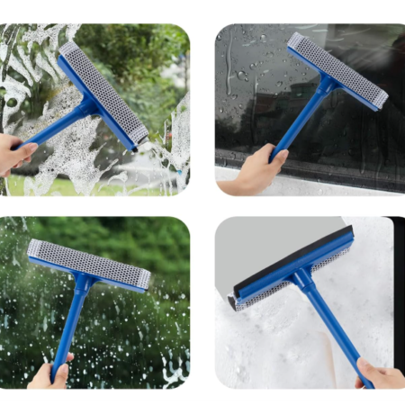 Long Handle 2-in-1 Car Window Squeegee with Sponge Scrubber