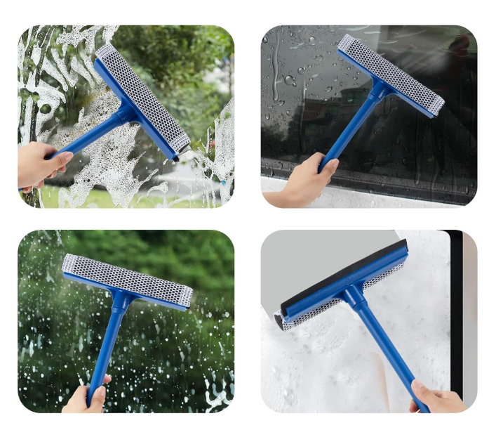 Long Handle 2-in-1 Car Window Squeegee with Sponge Scrubber