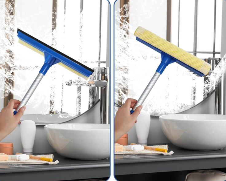 2-in-1 Window Cleaning Squeegee with Long Handle and Sponge