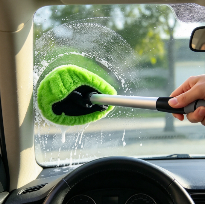 Interior Windshield Cleaning Tool with Extendable Handle and Microfiber Pads