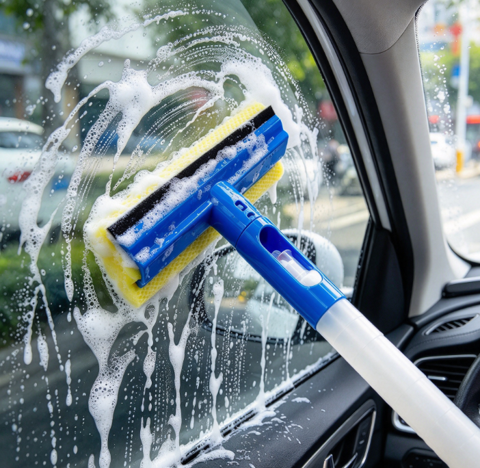 3-in-1 Car Window Cleaning Squeegee with Sponge Rubber Blade and Spray Bottle