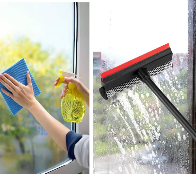 2-in-1 Window Squeegee with Long Handle for Car and Glass Cleaning